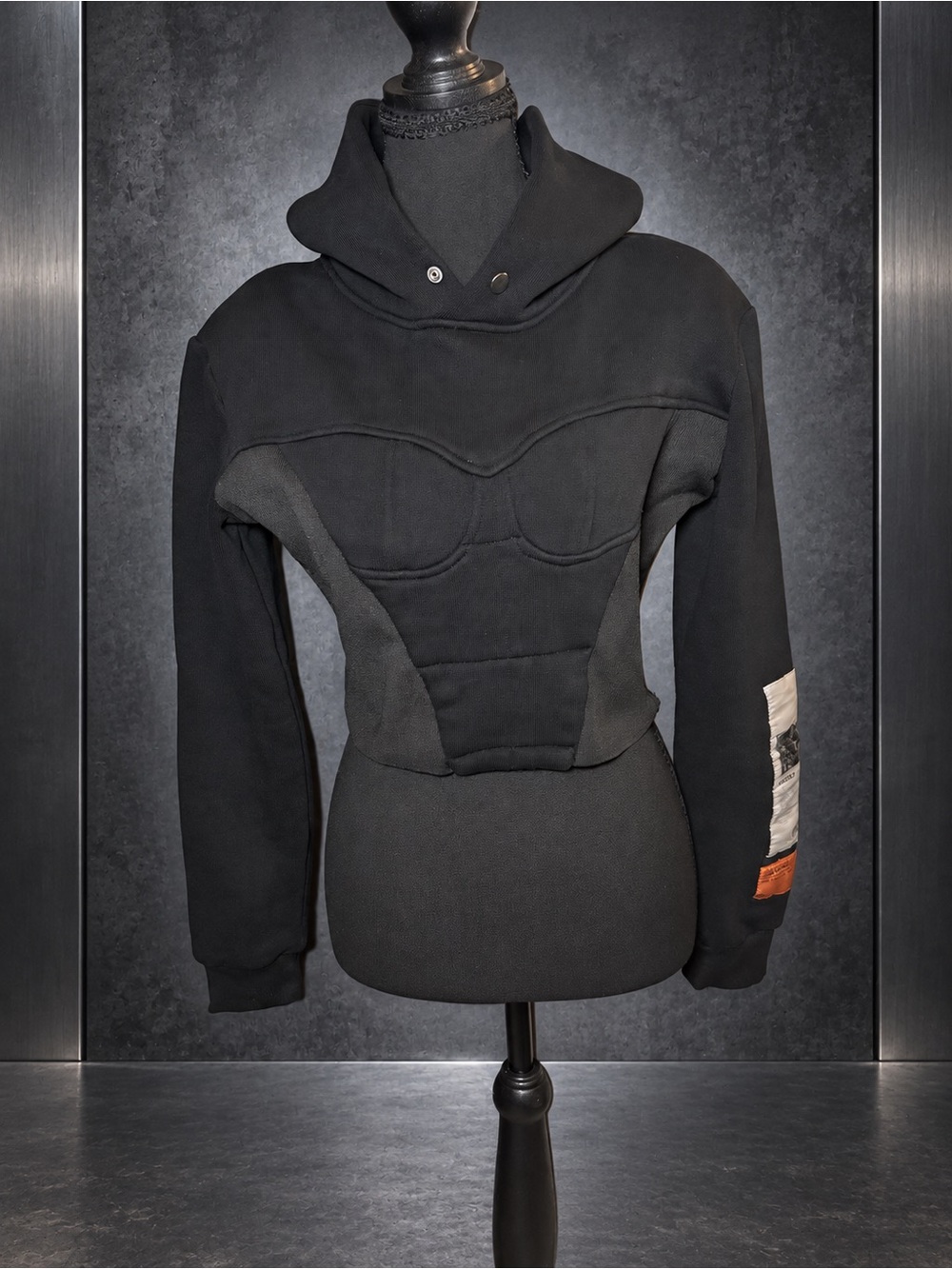 HERON PRESTON Black Corset Hoodie Sculpted Bustier Avant Garde Cyber Goth Street